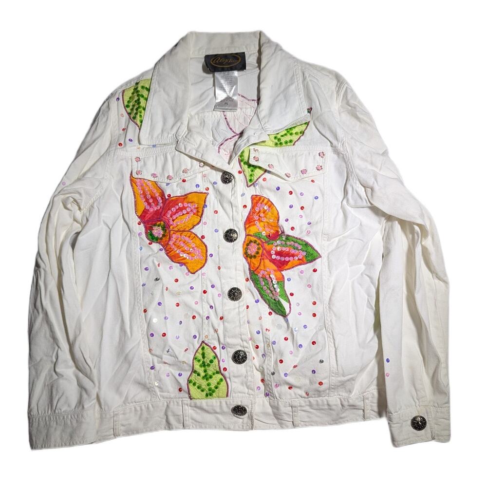 Vtg Y2K Alex Ku White Cotton Orange Floral Applique Sequin Denim Jacket P L